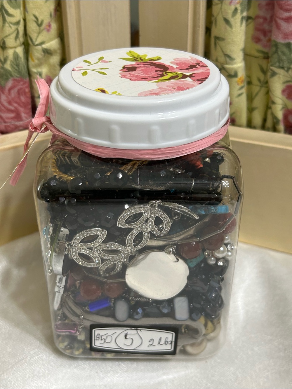 Clear Decorative Jar Filled with Mixed Jewelry - Pink Accents ****Jar # 5****